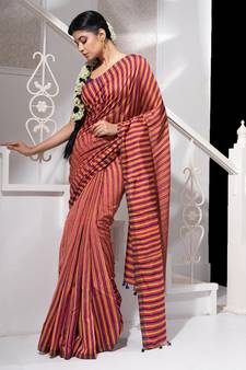 Orange Multicolor Ikkat Handloom Saree