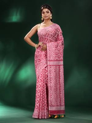 Light Pink All Over Work Jamdani Saree With Pompom In Pallu Without Blouse 1