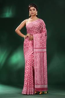 Light Pink All Over Work Jamdani Saree With Pompom In Pallu Without Blouse