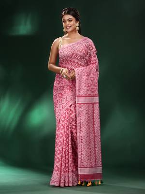 Light Pink All Over Work Jamdani Saree With Pompom In Pallu Without Blouse 2