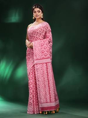 Light Pink All Over Work Jamdani Saree With Pompom In Pallu Without Blouse 3