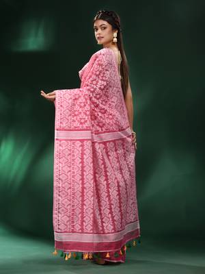 Light Pink All Over Work Jamdani Saree With Pompom In Pallu Without Blouse 4