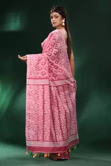 Light Pink All Over Work Jamdani Saree With Pompom In Pallu Without Blouse