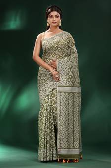 Pista Green All Over Work Jamdani Saree With Pompom In Pallu Without Blouse