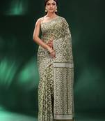 Pista Green All Over Work Jamdani Saree With Pompom In Pallu Without Blouse