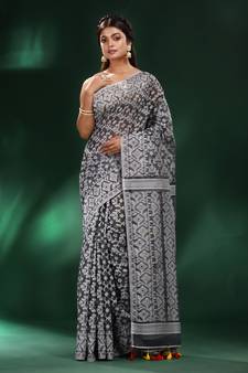 Grey All Over Jamdani Saree With Pompom In Pallu Without Blouse