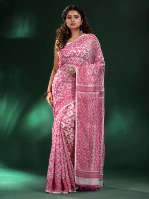 White And Pink All Over Jamdani Saree With Pompom In Pallu Without Blouse 1