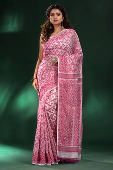 White And Pink All Over Jamdani Saree With Pompom In Pallu Without Blouse