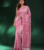 White And Pink All Over Jamdani Saree With Pompom In Pallu Without Blouse
