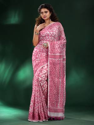 White And Pink All Over Jamdani Saree With Pompom In Pallu Without Blouse 2