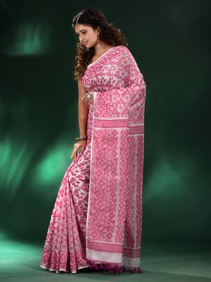 White And Pink All Over Jamdani Saree With Pompom In Pallu Without Blouse 3