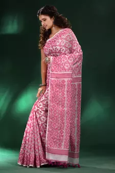 White And Pink All Over Jamdani Saree With Pompom In Pallu Without Blouse