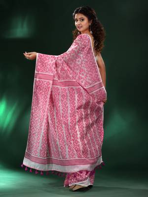 White And Pink All Over Jamdani Saree With Pompom In Pallu Without Blouse 4