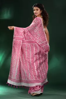 White And Pink All Over Jamdani Saree With Pompom In Pallu Without Blouse
