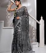 Grey Jamdani Saree With Silver Zari Work Without Blouse