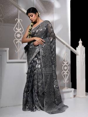 Grey Jamdani Saree With Silver Zari Work Without Blouse 2