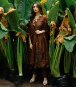 Brown Kurta With Pleating Detail Paired With Straight Pant And Dupatta