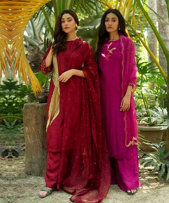 Blue A-line kurta with hem and embroidery detail paired with palazzo and dupatta 1