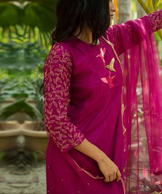 Blue A-line kurta with hem and embroidery detail paired with palazzo and dupatta 3