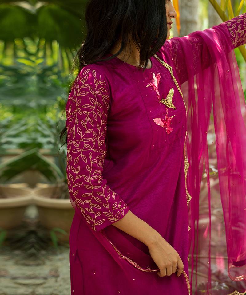 Blue A-line kurta with hem and embroidery detail paired with palazzo and dupatta