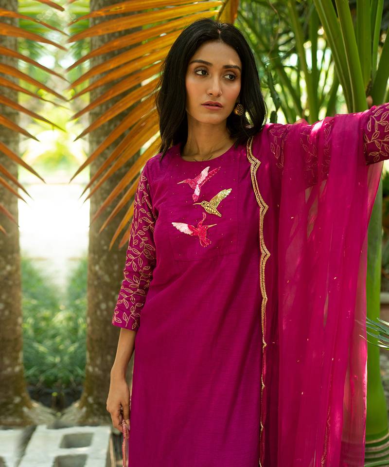 Blue A-line kurta with hem and embroidery detail paired with palazzo and dupatta