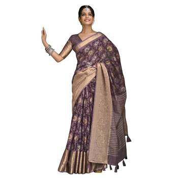 Purple printed pure cotton saree with blouse 1