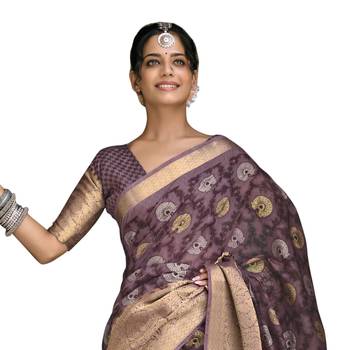Purple printed pure cotton saree with blouse 2