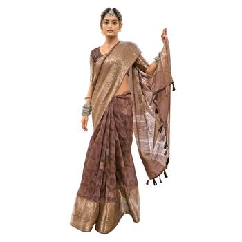 Coffee printed pure cotton saree with blouse 1