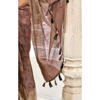 Coffee printed pure cotton saree with blouse 3