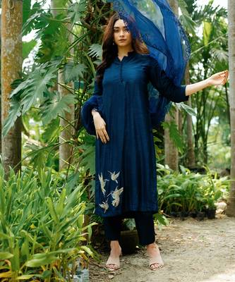 Blue Dola Silk Kurta With Side Box Pleates And Embroidery 1