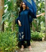 Blue Dola Silk Kurta With Side Box Pleates And Embroidery
