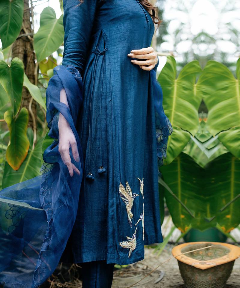 Blue Dola Silk Kurta With Side Box Pleates And Embroidery