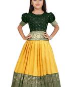 Green and Yellow Cotton Silk Pattu Pavadai Kids Lehenga Choli
