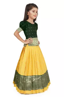 Green and Yellow Cotton Silk Pattu Pavadai Kids Lehenga Choli