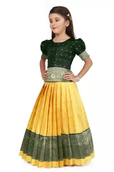 Green and Yellow Cotton Silk Pattu Pavadai Kids Lehenga Choli