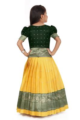 Green and Yellow Cotton Silk Pattu Pavadai Kids Lehenga Choli 4