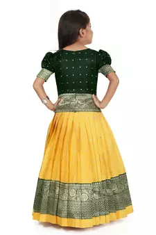 Green and Yellow Cotton Silk Pattu Pavadai Kids Lehenga Choli