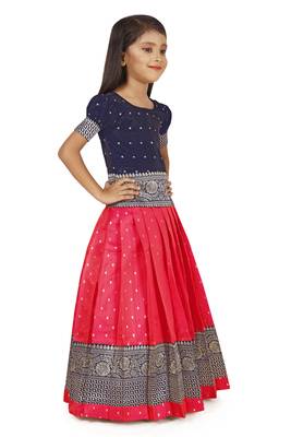 Kids Rani Pink New south Indian traditional pattu pavadai Jecquard Lehenga choli for girls dress 2