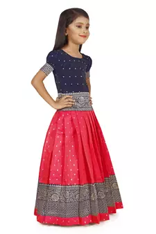 Kids Rani Pink New south Indian traditional pattu pavadai Jecquard Lehenga choli for girls dress