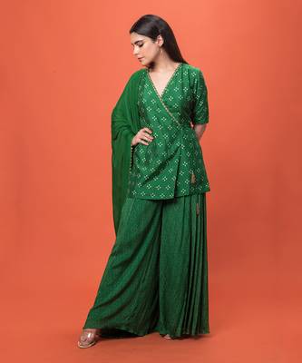 Green Angrakha Short Kurta Set With Dupatta 1