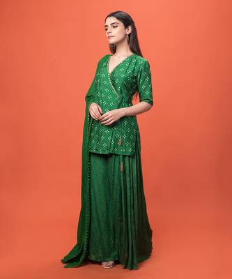 Green Angrakha Short Kurta Set With Dupatta 2