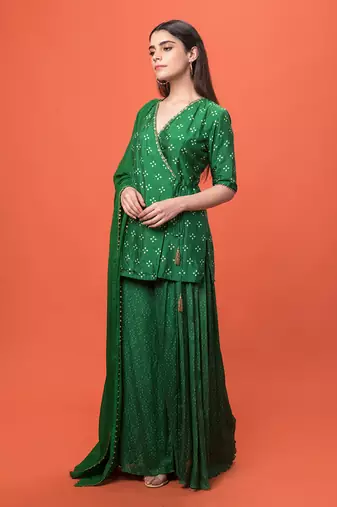 Green Angrakha Short Kurta Set With Dupatta