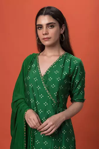 Green Angrakha Short Kurta Set With Dupatta