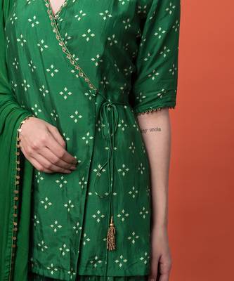 Green Angrakha Short Kurta Set With Dupatta 4