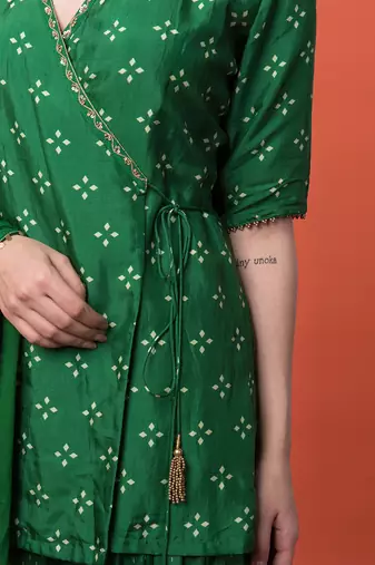 Green Angrakha Short Kurta Set With Dupatta
