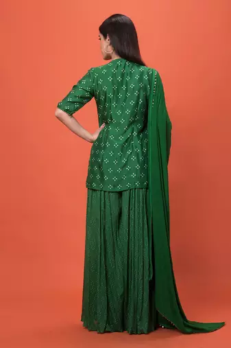Green Angrakha Short Kurta Set With Dupatta