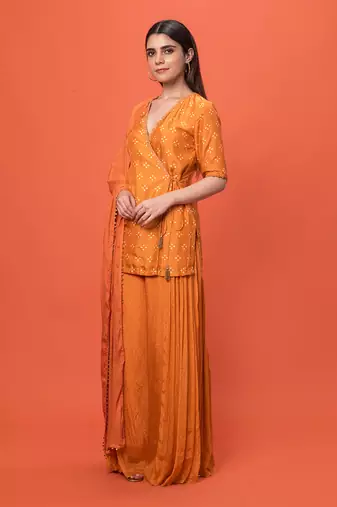 Orange Angrakha Short Kurta Set With Dupatta