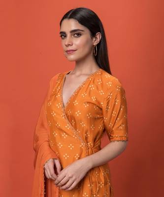 Orange Angrakha Short Kurta Set With Dupatta 3