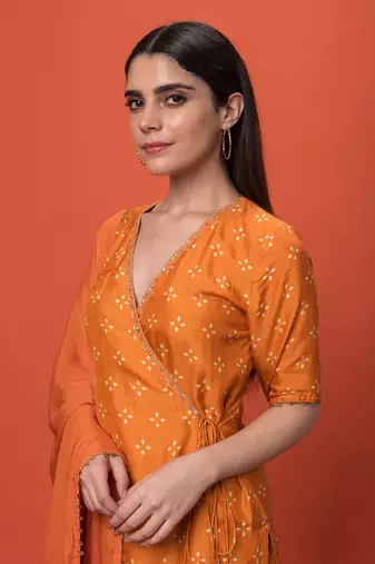 Orange Angrakha Short Kurta Set With Dupatta