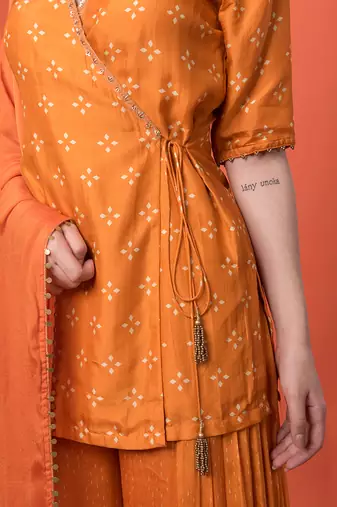 Orange Angrakha Short Kurta Set With Dupatta